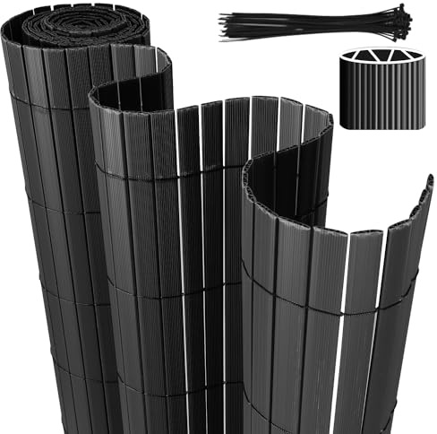 Eulenke PVC Sichtschutzmatte, 180 x 300cm Sichtschutzzaun mit Kabelbindern, Innen W-Struktur Verstärkte Lamellen, Windschutz Balkon sichtschutz für Zaun Garten Terrasse, Anthrazit