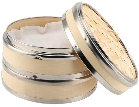 DAKFOOK Vaporera de bambú de 2 niveles de 20 cm, cesta de acero con tapa para dim sum, verduras, albóndigas, pasteles de arroz, pescado, mariscos