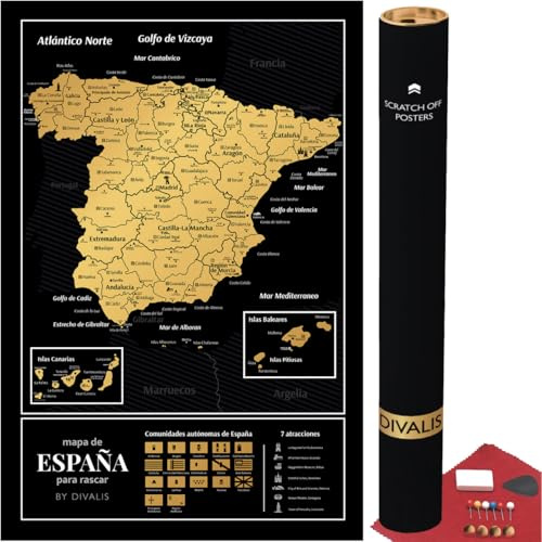 Divalis Rubbelkarte von Spanien - Poster zum Kratzen mit Departements - Große Kratzkarte - Kratzbare Spanien - Scratch off Spain Map - Scratchable Poster