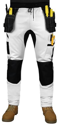HASHOOB TRADING FZE Mens Fleece Painter Work Trousers with Utility Holster Pockets Decorators White Cargo Combat Pants (WFSN-WHITE1, S)