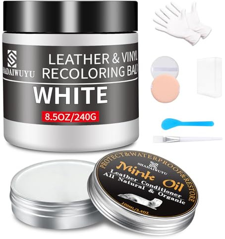 8.5oz Leather Recoloring Balm with 100ml Leather Conditioner,White Leather Repair kit for Furniture and Car Interior,Leather Scratch and Stain Repair,Leather Dye Paint,Leather Sofa Restorer
