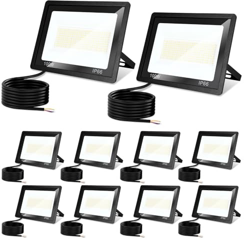 Jiubiaz LED Strahler Außen 100W, 3000K/4000K/6500K LED-Strahler Dimmbar, Superhell Fluter Flutlichtstrahler, IP66 Wasserdicht Scheinwerfer Aussenstrahler für Hof, Garten, Garage(10 Stück)