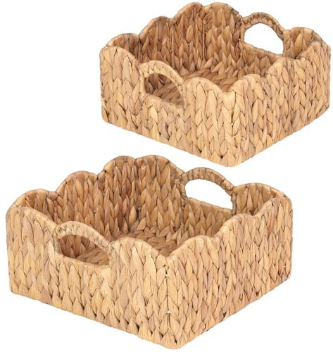 Scalloped Baskets (Natural-Set of 2) Basket Living Room Organizer, Water Hyacinth Baskets For Decor, Woven Basket for Bathroom, Bedroom, Laundry. Hyacinth Storage Basket with Built-in Handles