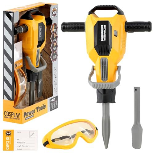 The Magic Toy Shop Kids Jackhammer Toy Battery Powered Drill Toy With Replacement Drill Bit Safety Goggles ID Card Pretend Play Construction Toy With Realstic Sounds