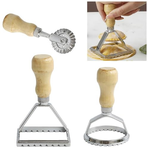 Ravioli Stamp Maker Cutter with Roller Wheel Set, Mold with Wooden Handle and Fluted Edge, Pasta Press Kitchen Attachment, Set of 3