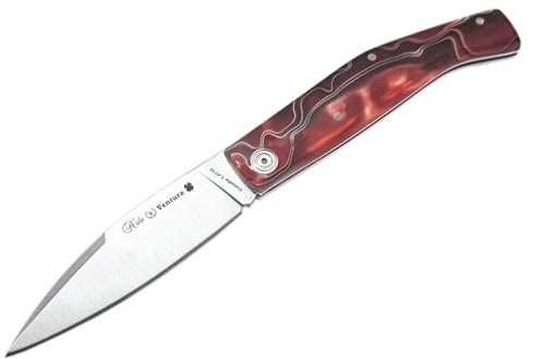 MIGUEL NIETO Navaja Ventura 080-MET, con hoja de 8 cm. en acero inoxidable Vanadio 1.4116 Plegable y empuñadura en Metacrilato Rojo y Blanco, Hueco para cordón fiador