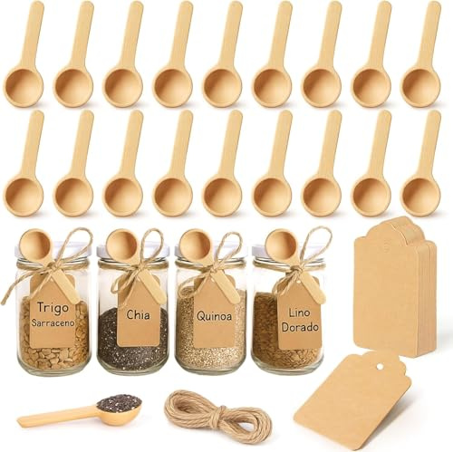 joonnair 24 Runder Holzlöffel Klein mit Etikett und Schnur gewürzlöffel Kleine Holzlöffel mini Holzlöffel Salzlöffel Kleiner Löffel Löffel für Gewürze für Gewürzgläser, Gewürze, Honig, Zucker, Küche