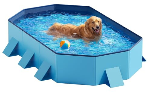 Peteast Foldable Dog Pool with Sturdy Round Design, Durable 71 Lx39 Wx12 D Extra Large Portable Pet BathTub with Reinforced Sidewalls for Stability, Ideal for Indoor & Outdoor Use (Blue)