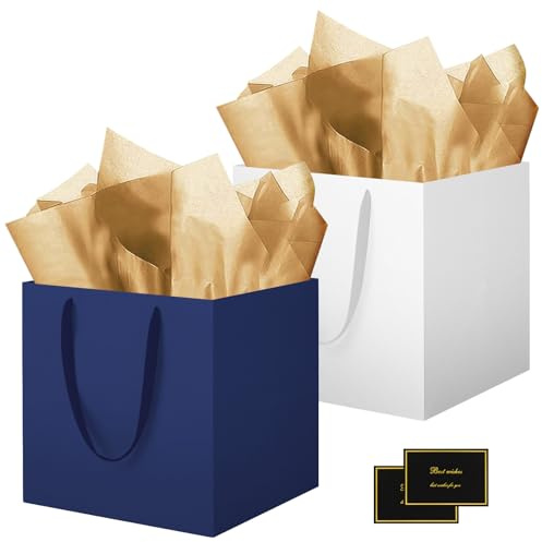 HONTIUS Geschenktüten Groß, 11.8 Quadratische Geschenktüten Geschenktüte xxl mit Taschentuch und Karten, Lächeln Geschenk Tüte Papiertüten mit Henkel 30 * 30 * 30cm Gift Bag Bags 2 Stück Blau Weiß