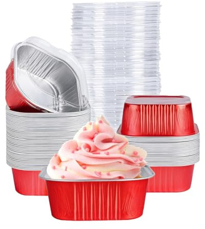 40 Pack Mini Cake Pans with Lids, 5oz Square Aluminum Foil Brownie Baking Cups, Muffin Tin Ramekins, Disposable Dessert Cupcake Cups for Wedding Birthday Party, Rad