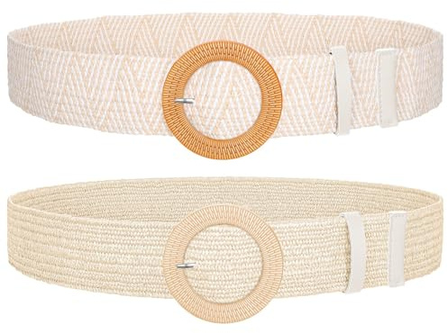SUOSDEY 2 Stück Stroh gewebter elastischer Stretch-Taillengürtel für Frauen Sommer Boho Wide Waist Dress Band Geflochtene Gürtel