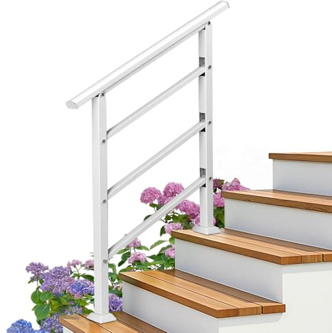 Bonnlo Outdoor Handrail Fits 1 to 3 Steps, Adjustable Hand Rails for Outside Stairs, Galvanized Iron Handrail for Garden Porch, Matte White