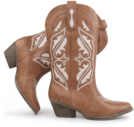Hawkwell Bottes cowboy femme à broderie - mi-mollet à bout pointu avec talon carré et entrée facile (taille 36-42)