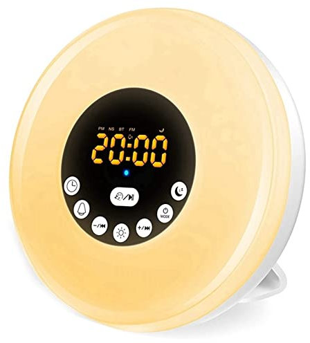 Sveglia con luce di risveglio, simulazione dell'alba, dimmerabile, suoni naturali, radio FM, luce notturna per rilassanti mattinate, ideale per casa o ufficio
