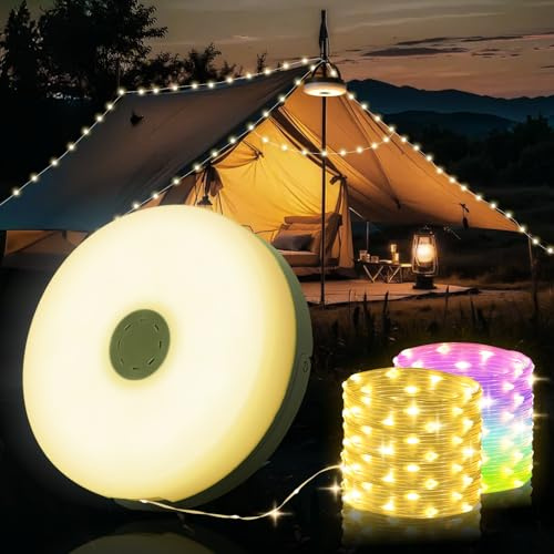 Yizhet 10m Camping Lichterkette Aufrollbar | Outdoor Wasserdicht, 9 Beleuchtungsmodi, Tragbare Wiederaufladbare LED, Für Camping, Zelt, Hof Dekor