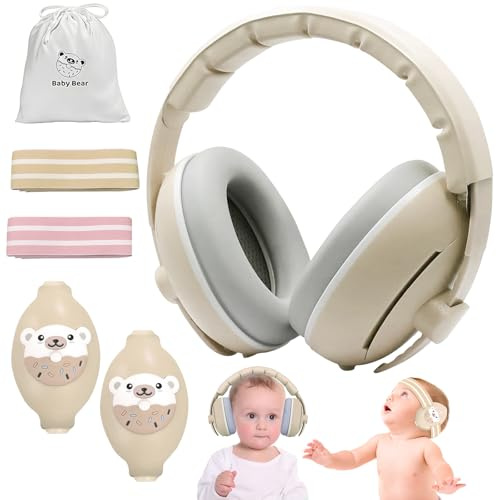 Paraorecchie 2 in 1 per neonati 0-3 3-6 6-12 12-18 mesi Età 2 3 4 bambini bambini per aereo volo cancellazione del rumore cuffie per bambini paraorecchie per rumore aereo viaggio essenziale, Beige