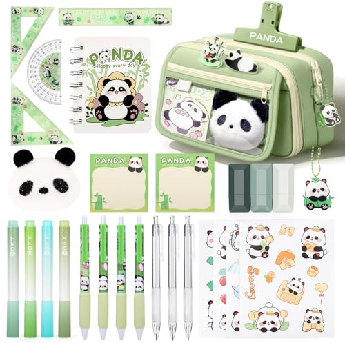 KOSTACHI Panda Federmäppchen für Jungen & Mädchen, 28 Stück Schulsachen Aesthetic mit Mäppchen, 4 Textmarker, 4 Panda Gelstifte, 4 Lineal, 4 Aufkleber, Panda Schreibwaren Set, Grün