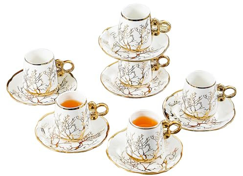 Juego de Té de Porcelana Estilo Inglés – Set Vintage con 6 Tazas de 100ml con Platillos y Cucharas Doradas, Diseño Floral Elegante, Ideal para Té de La Tarde, Café y Regalo Especial