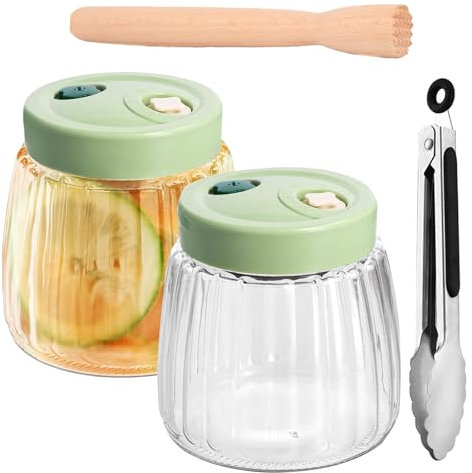 Aarcyye 2 Stück 1000ml Fermentiergläser mit Doppelventil, Luftdichte Einmachgläser aus Glas, Fermentierglas, Fermentationsglas, Kimchi Behälter, mit Zange und Gärstampfer, für Sauerkraut, Marmelade