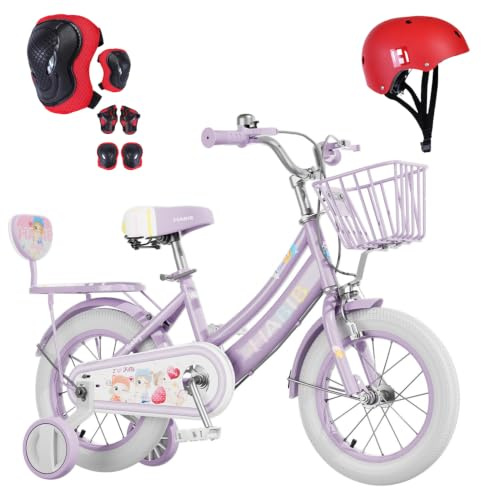 Habib Mädchenfahrrad Komplettset | 16 Zoll | Inkl. Luftpumpe & 6-teiligem Schutz-Set | Karbonstahlrahmen & Duales Bremssystem | Mitwachsend & sicher für Mädchen 3-8 Jahre - Lila