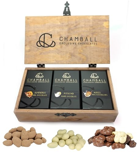 Chocolates Gourmet en Caja de Madera con Almendras, Pistachos y Nueces, Tres Chocolates | Caja Chocolate para Regalar, Chocolate Regalo, perfecto para San Valentín, Cumpleaños y Regalos Originales