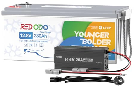 Redodo 12V 280Ah LiFePO4 Batterie mit 14,6V 20A Ladegerät, Niedertemperatur-Abschaltung, Max. 3584Wh Lithiumbatterie mit 200A BMS, 4000+ Zyklen, Ideal für Trolling-Motoren, Marine, Wohnmobile