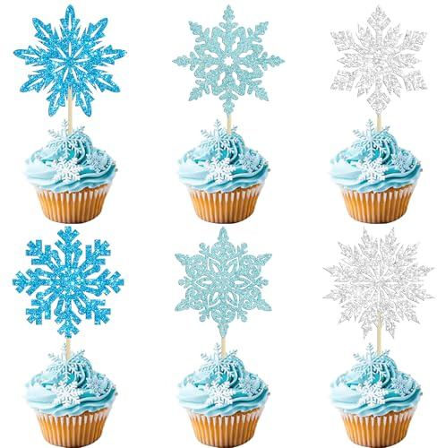 Ephlyn 30Pcs Snowflake Cupcake Toppers Glitter Winter Snowflake Cupcake Picks Winter Frozen Cake Decorations Christmas Baby Shower Kids Birthday Party Supplies Light Blue Silver