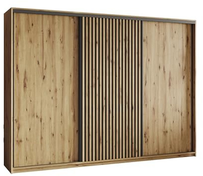Masseno Schwebetürenschrank VONTE 270/205/60 cm Kleiderschrank mit Lamellen und Schubladen Schlafzimmer Schiebetürenschrank 3-türig Eiche Artisan + Schwarz