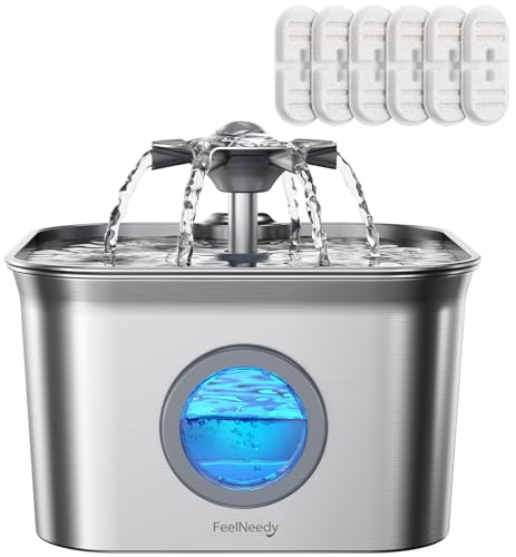 FEELNEEDY 2,8L Fontaine a Eau Chat INOX avec 6 Filtres | Fontaine à Eau pour Chat, Système de Quadruple Filtration, Facile à Mettoyer, Ultra Silencieux, Compatible Lave-Vaisselle