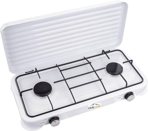 SMH LINE® Réchaud à gaz de camping 2 Feux lumières, 50 mbar, gaz propane, 4,4 kW, plaque de cuisson camping, bouteille à gaz, cuisinière extérieure, XL (sans tuyau ni régulateur)