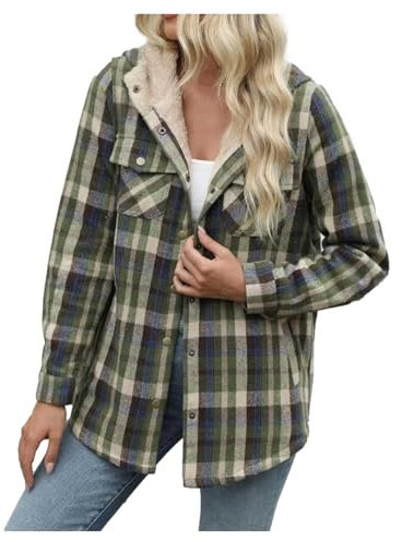 Generisk rutig fleecejacka dam, skjortjacka dam flanellskjorta rutiga knappar fickor kappa skogsarbetarjacka plysch fleece fodrad jacka vinter blus med huva fritidsjacka, Jn, L