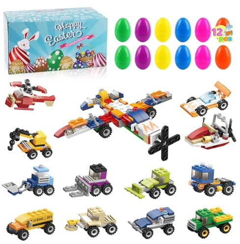 dellyy Huevos de Pascua, 12 Piezas Huevos Sorpresa, Huevos Pascua Plastico con Bloques de Construcción de Auto, para Caza de Pascua, Regalos para Niños y Recuerdos de Fiesta (Vehículos)