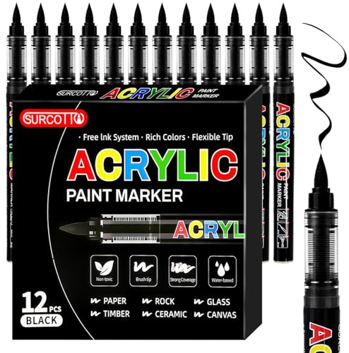 WOGOPRO 12 Black Acrylic Paint Pen, Waterproof Paint Markers for Rock, Wood, Pebbles, Glass, Ceramic, Stones, Fabric, Canvas, Craft - Brush Pens, Black Permanent Marker Pen Set
