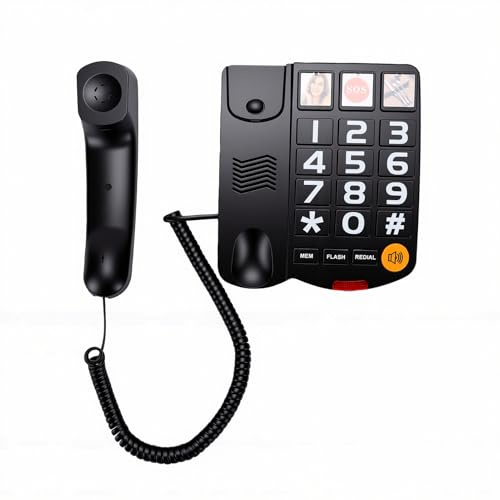 Bewinner Telefon med Stor Knapp, Förstärkt Fast Telefon med 110dB Ringsignal och 3 Fotokortnummer, för äldre äldre Synskadade, Handsfree Högtalartelefon och Visuell Samtalsvarning (Svart)