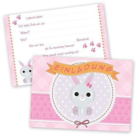 younikat 15 Einladungskarten Hase Party Kinder-Geburstag DIN A6 rosa -dv177 | Einladungskarten mit Hasen-Motiv, ideal zum Ausfüllen für Kindergeburtstage und fröhliche Feiern