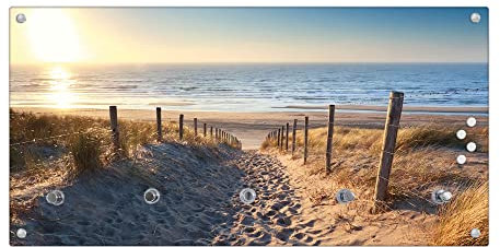 banjado® Wandgarderobe aus Echtglas/Design Garderobe 80x40x6 cm groß/Flurgarderobe mit 5 Haken/Magnetisches Garderobenpaneel Motiv Nordseestrand