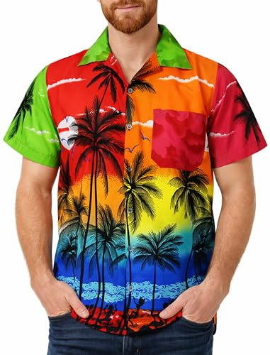King Kameha Camisa Hawaiana Hombre - Camisa Verano Hombre con Estampado de Spiaggia, Camisas Hawaianas De Manga Corta Ligera y fácil de cuidar – Beach, Mondy, 3XL