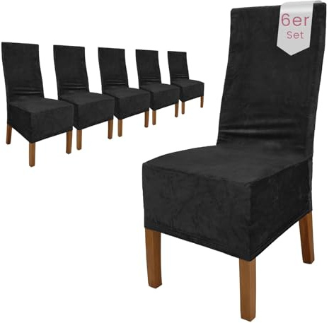 Scheffler Home Stuhlhussen Samt Schwarz 6er Set Puma | Weiche Velours-Stuhlbezüge, elastisch und waschbar, für Hochlehner, Polsterstühle und Esszimmerstühle