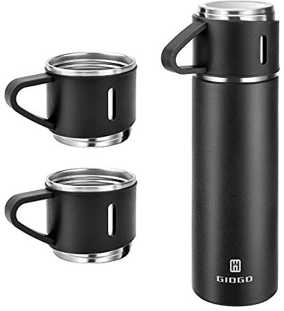 Bouteille isotherme sous vide en acier inoxydable avec tasse pour café, eau, boissons chaudes et froides, 500 ml (noir, ensemble)