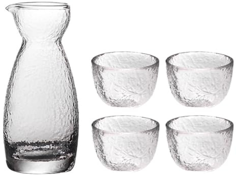 YARNOW Japanisches Sake Set Mit Gehämmerter Struktur – 1 Sake Und 2 Becher Aus Transparentem Glas Für Traditionelle Japanische Getränkegenüsse