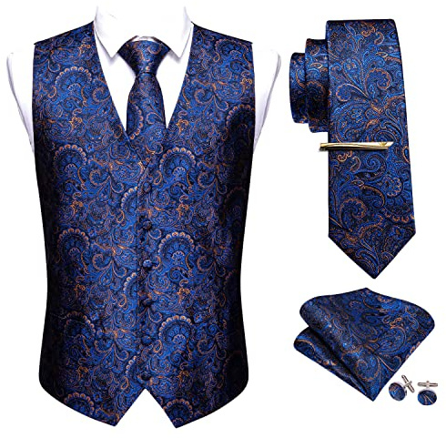 Barry.Wang Formelles Herren-Westenset, Paisleymuster, Krawatte, Taschentuch, Manschettenknöpfe, Clip, Anzugweste, Designer, 5-teilig, dunkelblau, S