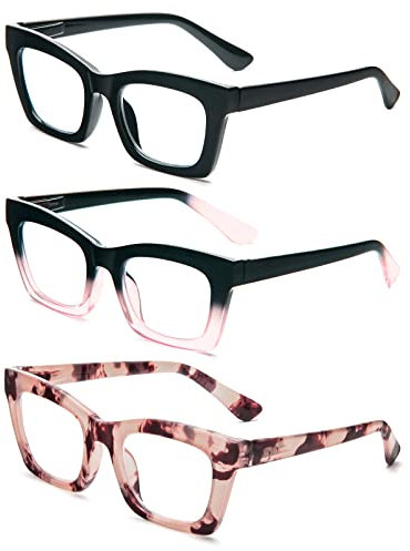 MMOWW 3 Pacco Occhiali da Lettura Donna Rettangolari - Oversize Square Frame Anti Luce Blu Occhiali +1.5