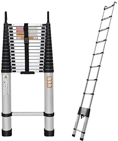 Teleskopleiter 6,2m Aluminium Auszieh-Klappleiter mit 2 Haken, 150kg Maximalbelastung, mit Anti-Rutsch-Gummifüßen, zusammengeklappt Höhe 104cm, Gewicht 16,4kg, tragbare Dachbodenleiter