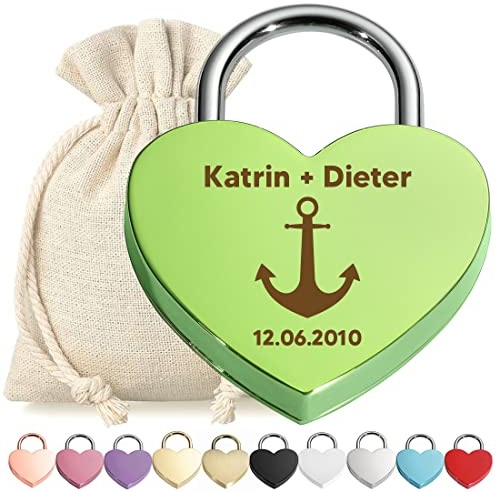 polar-effekt Liebeschloss Herzschloss Schloss Grün mit personalisierter Gravur - Motiv Anker - Metall Vorhängeschloss - Stoffbeutel - Geschenk Jahrestag, Valentinstag - für Sie und Ihn - Liebe, Love