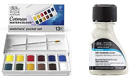 Winsor & Newton Cotman Sketchers Pocket Box Aquarellfarben Set mit entfernbarem Maskiermedium 75ml - 12 hochwertige Wasserfarben in 1/2 Näpfen, 1 Pinsel, 1 Mischpalette + Maskiermedium 75ml