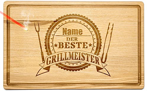 PR Print Royal Großes Holzbrett mit Gravur - Schneidebrett personalisiert mit Name - Der beste Grillmeister - Geschenke für Grillfans | Eschenholz, 40 x 25 x 2 cm, personalisiertes Geschenk