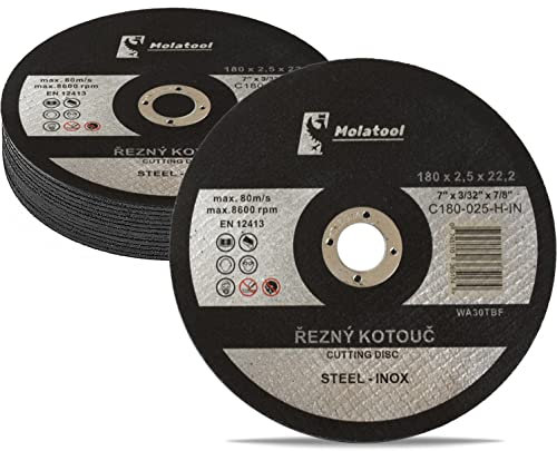 Molatool Discos de corte estándar de 10 unidades para metal, acero, acero inoxidable/INOX 180 x 2,5 x 22,2 mm, paquete de 10 discos flexibles para amoladora angular