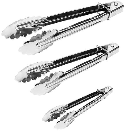 OBD Stainless Steel Food Tongs Set of 3 – 7, 9 & 12 Inch Locking Kitchen Tongs Heavy Duty Non Slip Grip Mirror Polished Silver for BBQ Cooking Grilling Serving Salad Buffet Catering