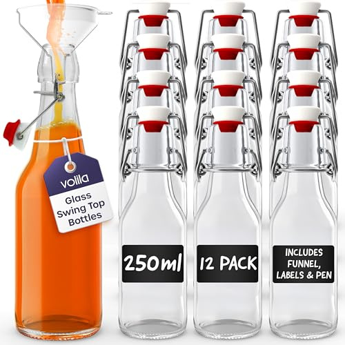 Volila Glass Bottles with Stoppers, Clear Swing Top Bottles for Homebrewing, Beverages, Kombucha, Wine, Vinegar and Oil (250ml - 12 Pack)