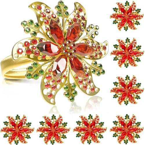 LATERN 8 Pezzi Anelli di Tovagliolo di Natale, Oro Portatovaglioli con Fiori di Natale Fibbia per Tovaglioli di Natale con Strass per Pranzo di Natale Vacanza Nozze Festa Tavolo Decorazione (5 x 4cm)